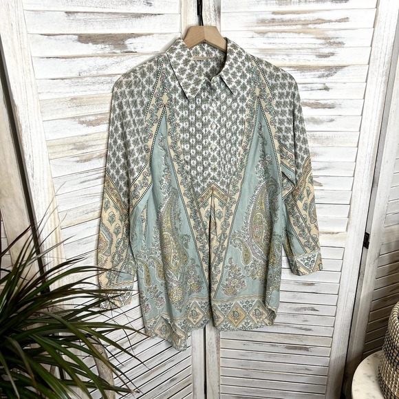 SOFT SURROUNDINGS Women's Tabitha Paisley Sky Pintuck Tunic Top Cotton Pastel XS - Picture 6 of 12